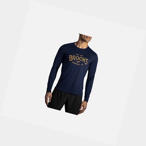 Top Uomo Brooks Distance Grafica Long Sleeve Blu Marino | NIXCQT-182